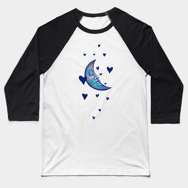 Blue Crescent Moon Face Baseball T-Shirt by bubbsnugg